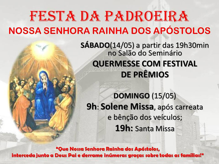 Festa da Padroeira Nossa Senhora Rainha dos Apóstolos será neste final de semana