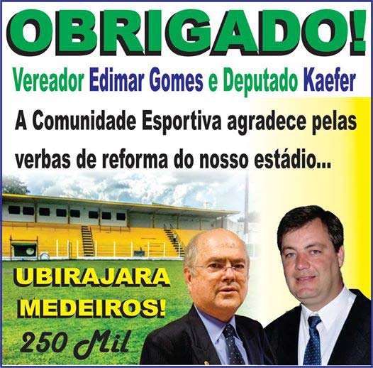 Comunidade Esportiva agradece ao vereador Edmar Gomes e ao Deputado Federal Alfredo Kaeffer pelos recursos da reforma do Estádio Ubirajara Medeiros
