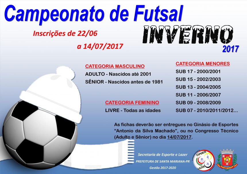 Abertas as inscrições para o Campeonato de Futsal de Inverno 2017 em Santa Mariana