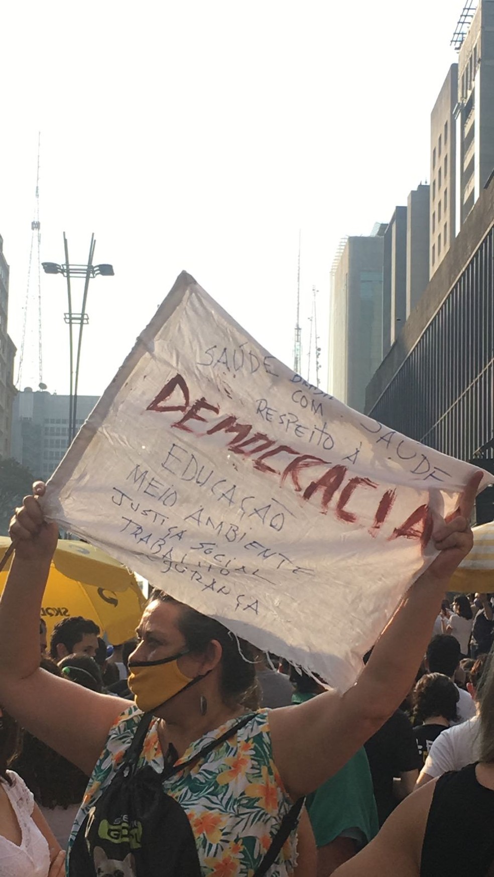 Faixa pede respeito à democracia — Foto: Deslange Paiva/G1