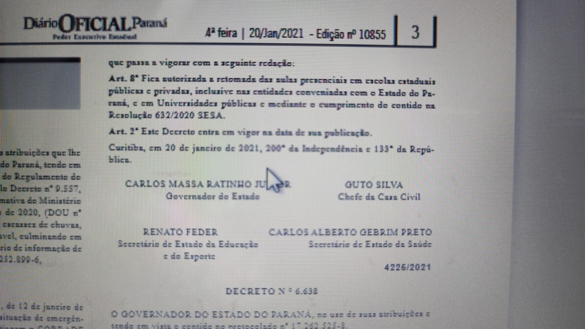 Decreto de Ratinho Junior autoriza retomada de aulas presenciais