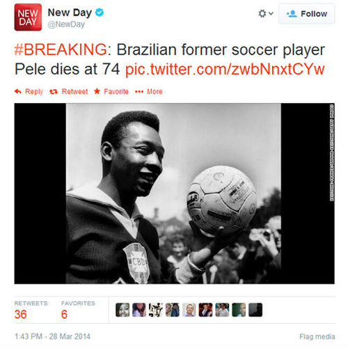 Pelo Twitter, programa New Day da CNN  "mata " Pelé